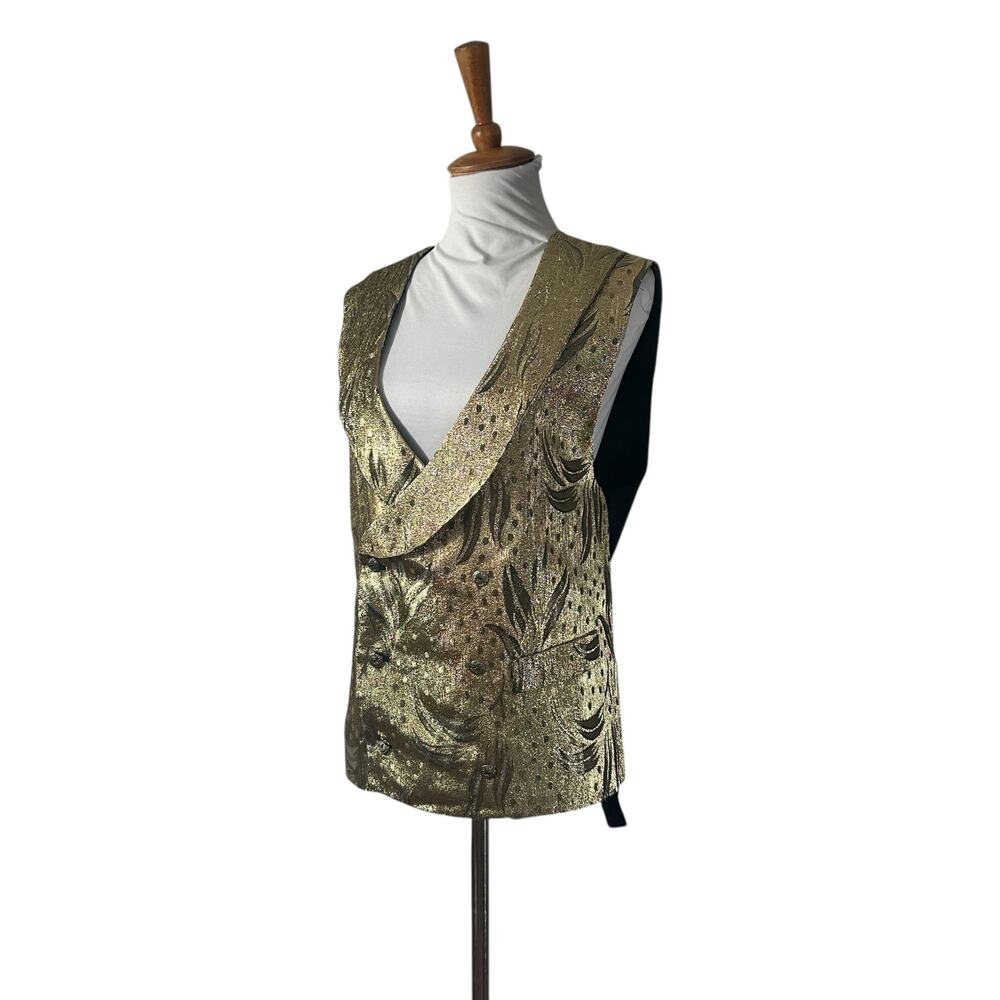 Vintage 80s Gold Metallic Lamé Brocade Custom Made Cocktail Vest L XL - Picture 4 of 9